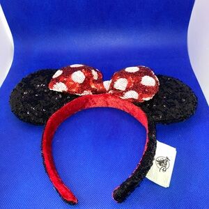 Disney Parks Minnie Mouse Black Sequin Red White Polka Dot Bow Ears Headband